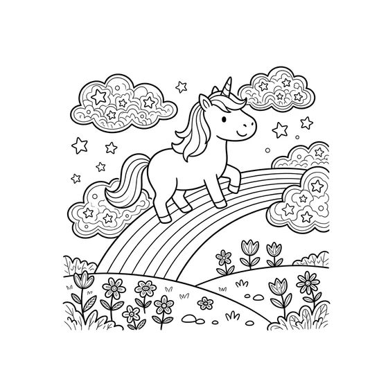 The same unicorn turned into a printable black-and-white coloring page